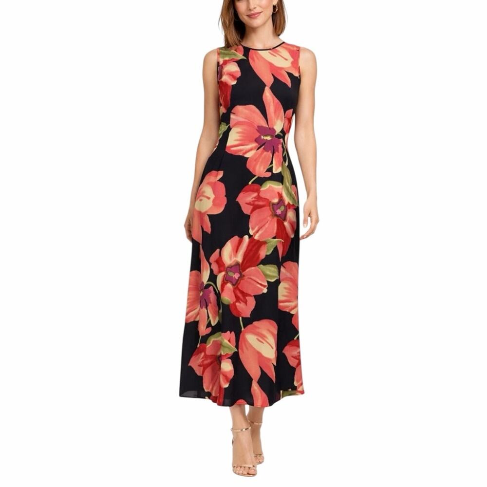 Vintage Talbots Pure Silk Floral Maxi Dress Black Pink Sleeveless Size 12